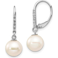 14K White Gold Freshwater Cultured Pearl and Diamond Dangle Leverback Earrings - 0.05 Carat Total Diamond Weight by Monteluci Fine Jewelry