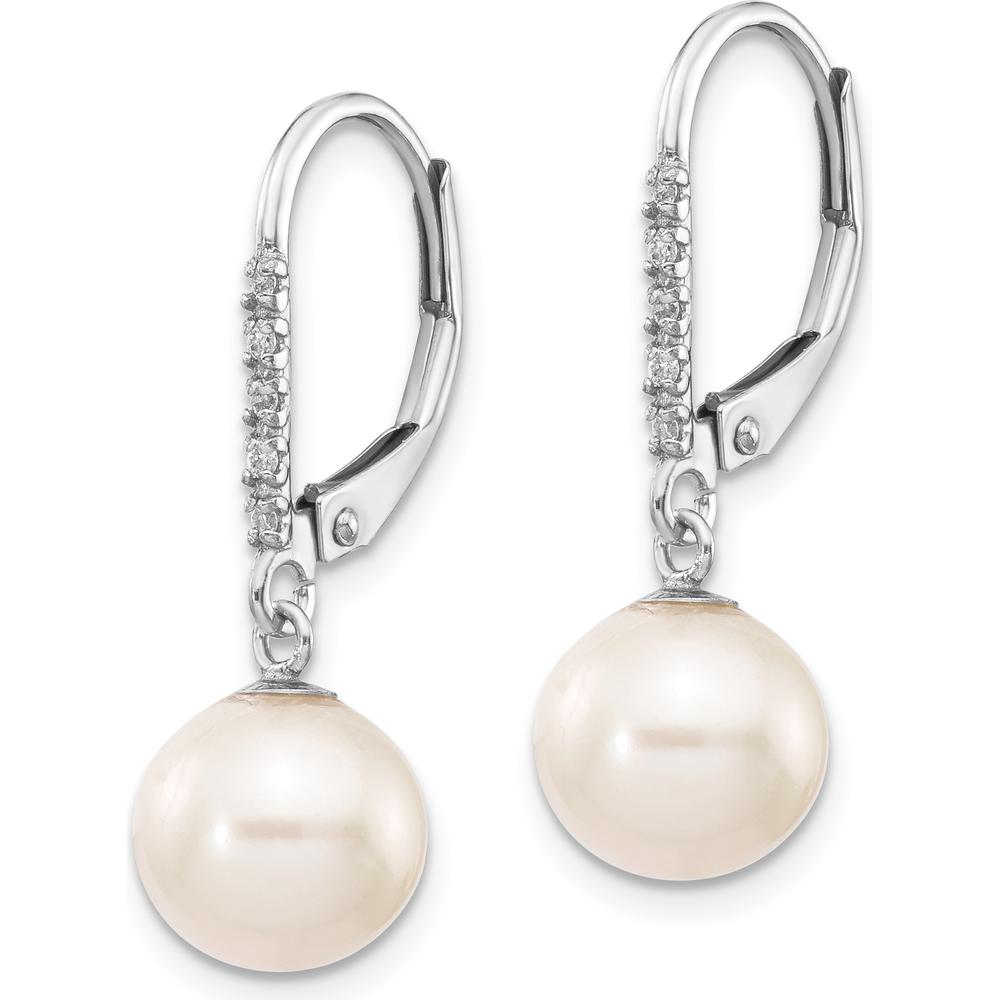 14K White Gold Freshwater Cultured Pearl and Diamond Dangle Leverback Earrings - 0.05 Carat Total Diamond Weight by Monteluci Fine Jewelry