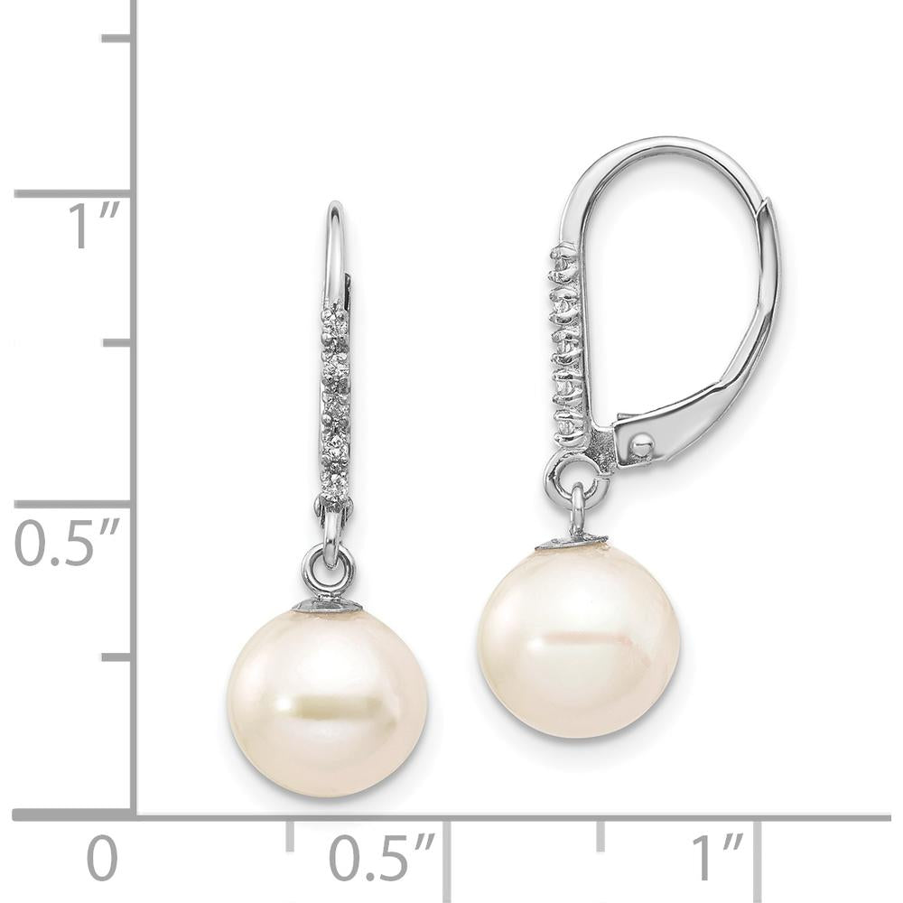 14K White Gold Freshwater Cultured Pearl and Diamond Dangle Leverback Earrings - 0.05 Carat Total Diamond Weight by Monteluci Fine Jewelry