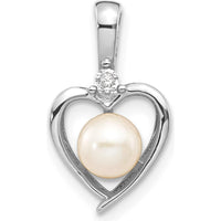 14K White Gold Freshwater Cultured Pearl and Diamond Heart Pendant - 0.006 Carat Diamond by Oro Pregiato