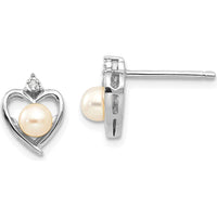 14K White Gold Freshwater Cultured Pearl and Diamond Heart Stud Earrings - 0.01 Carat Total Diamond Weight by Oro Pregiato