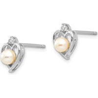 14K White Gold Freshwater Cultured Pearl and Diamond Heart Stud Earrings - 0.01 Carat Total Diamond Weight by Oro Pregiato