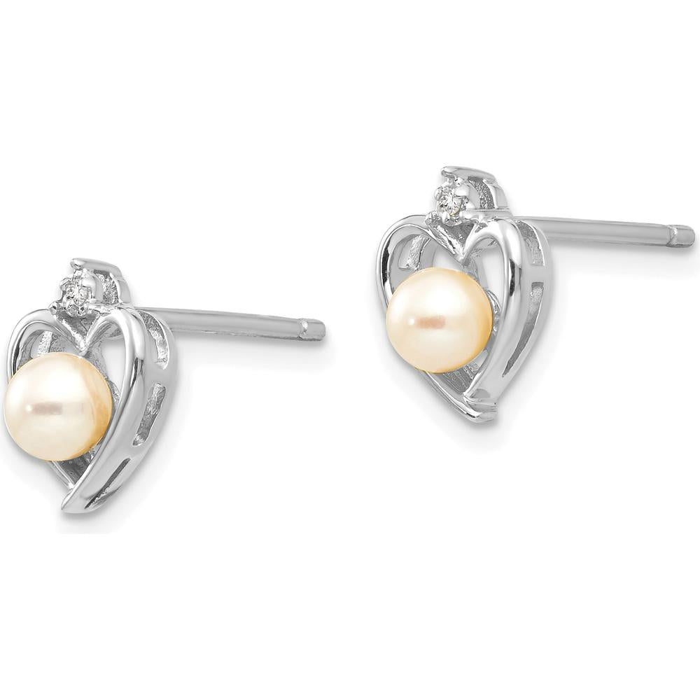 14K White Gold Freshwater Cultured Pearl and Diamond Heart Stud Earrings - 0.01 Carat Total Diamond Weight by Oro Pregiato
