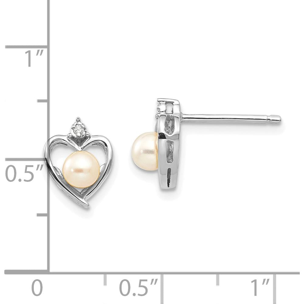 14K White Gold Freshwater Cultured Pearl and Diamond Heart Stud Earrings - 0.01 Carat Total Diamond Weight by Oro Pregiato