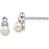14K White Gold Freshwater Cultured Pearl and Diamond Post Earrings - 0.01 Carat Total Diamond Weight by Oro Pregiato