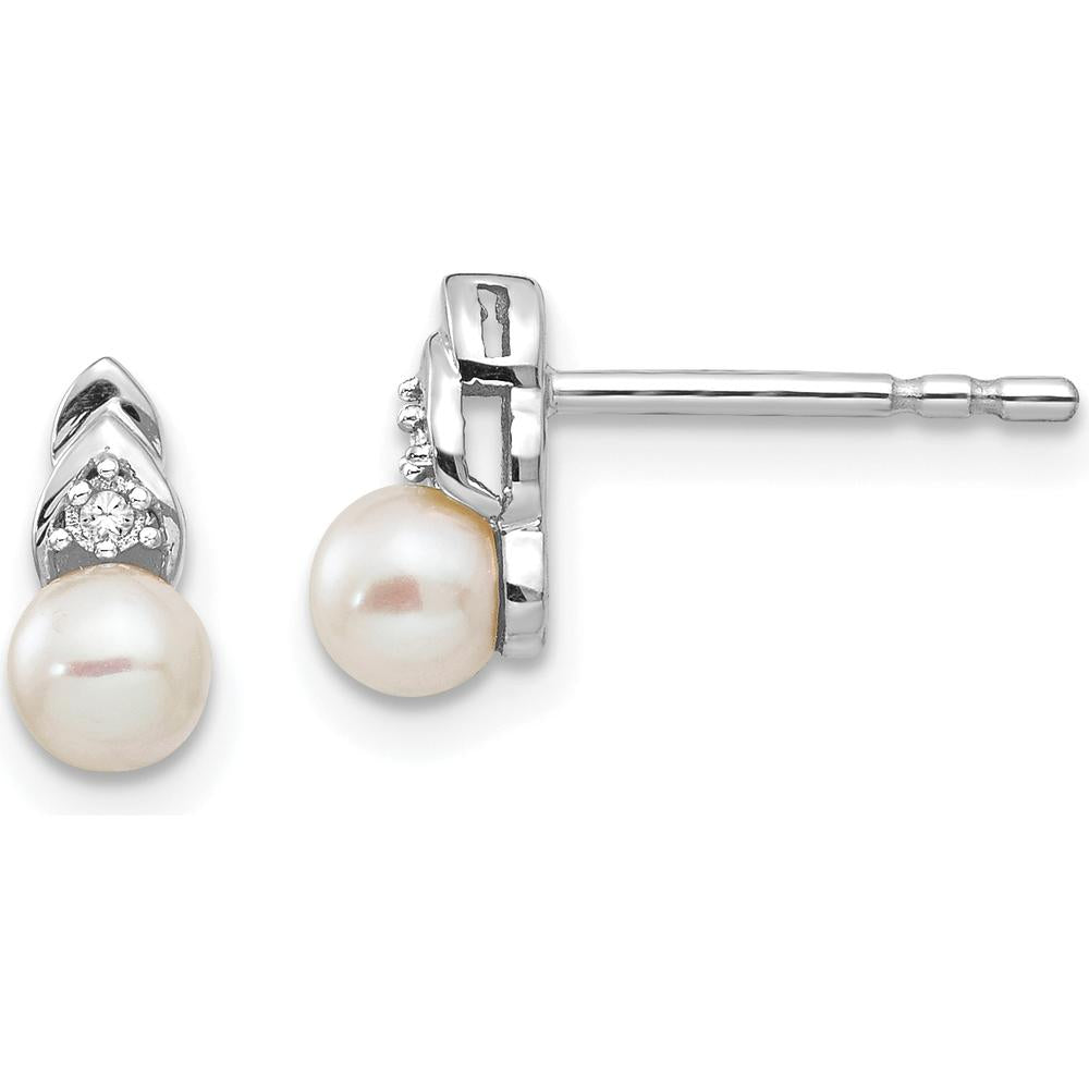 14K White Gold Freshwater Cultured Pearl and Diamond Post Earrings - 0.01 Carat Total Diamond Weight by Oro Pregiato