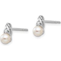 14K White Gold Freshwater Cultured Pearl and Diamond Post Earrings - 0.01 Carat Total Diamond Weight by Oro Pregiato
