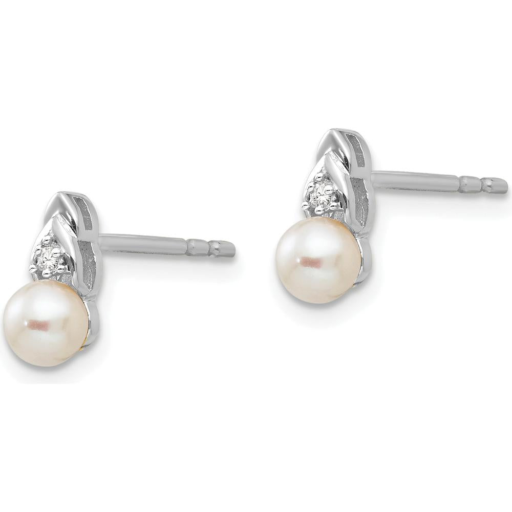 14K White Gold Freshwater Cultured Pearl and Diamond Post Earrings - 0.01 Carat Total Diamond Weight by Oro Pregiato