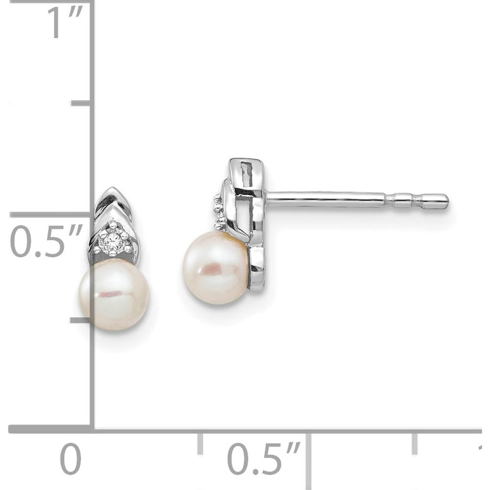 14K White Gold Freshwater Cultured Pearl and Diamond Post Earrings - 0.01 Carat Total Diamond Weight by Oro Pregiato