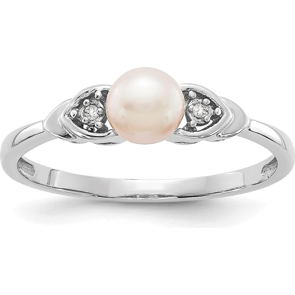 14K White Gold Freshwater Cultured Pearl and Diamond Ring - 0.01 Carat Total Diamond Weight by Oro Pregiato