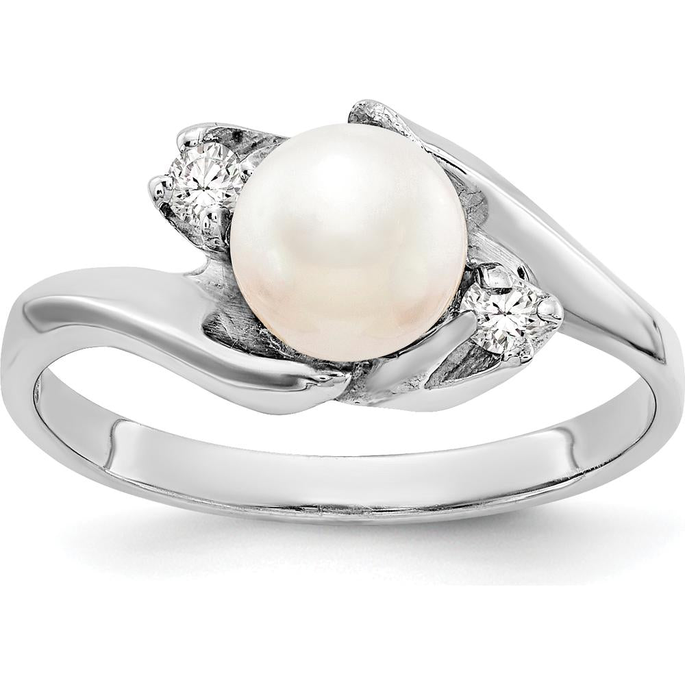 14K White Gold Freshwater Cultured Pearl and Diamond Ring with Faceted Round Diamonds - 0.082 Carat Total Diamond Weight by Monteluci Fine Jewelry