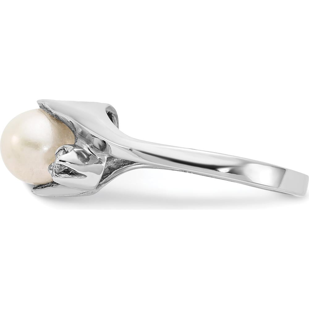 14K White Gold Freshwater Cultured Pearl and Diamond Ring with Faceted Round Diamonds - 0.082 Carat Total Diamond Weight by Monteluci Fine Jewelry