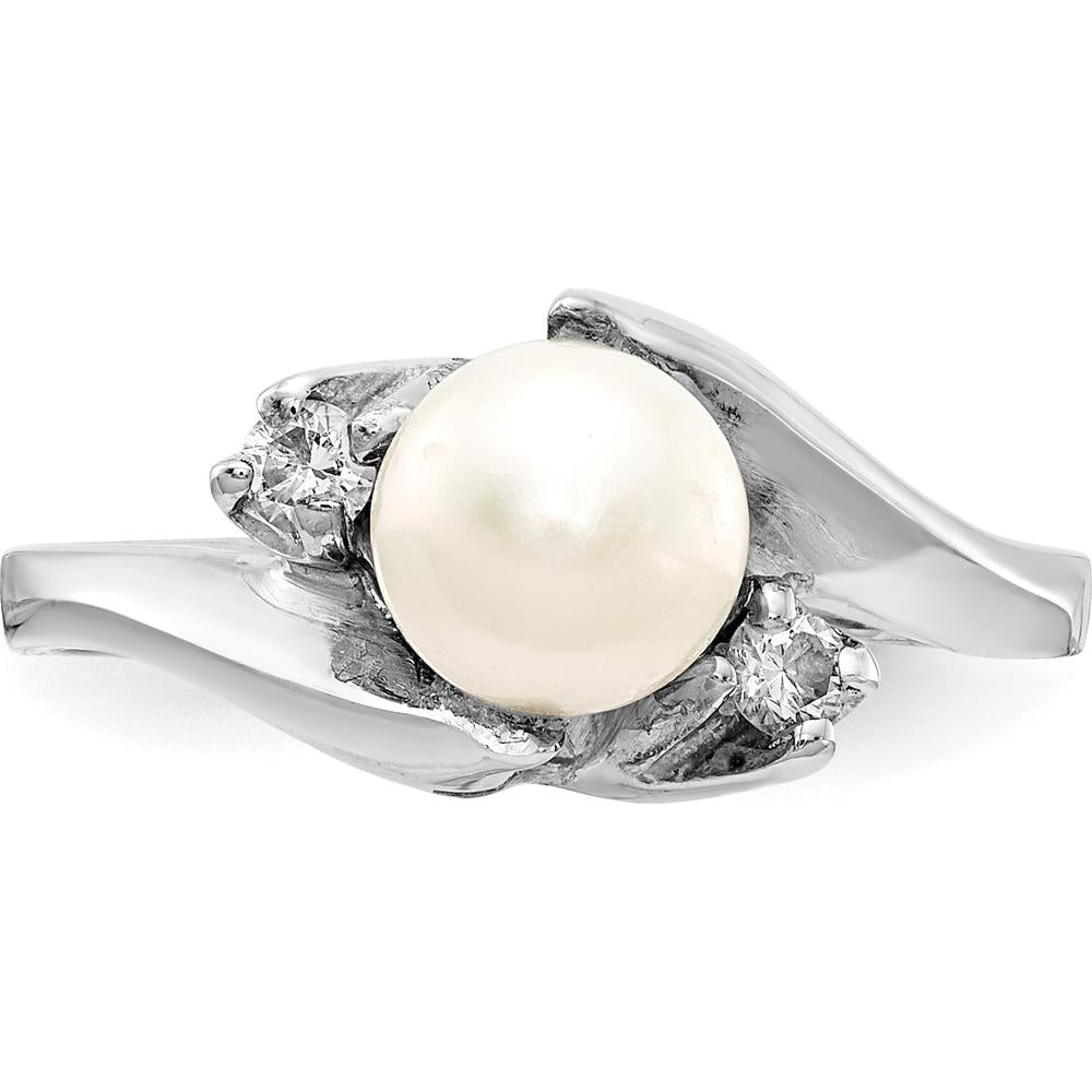 14K White Gold Freshwater Cultured Pearl and Diamond Ring with Faceted Round Diamonds - 0.082 Carat Total Diamond Weight by Monteluci Fine Jewelry