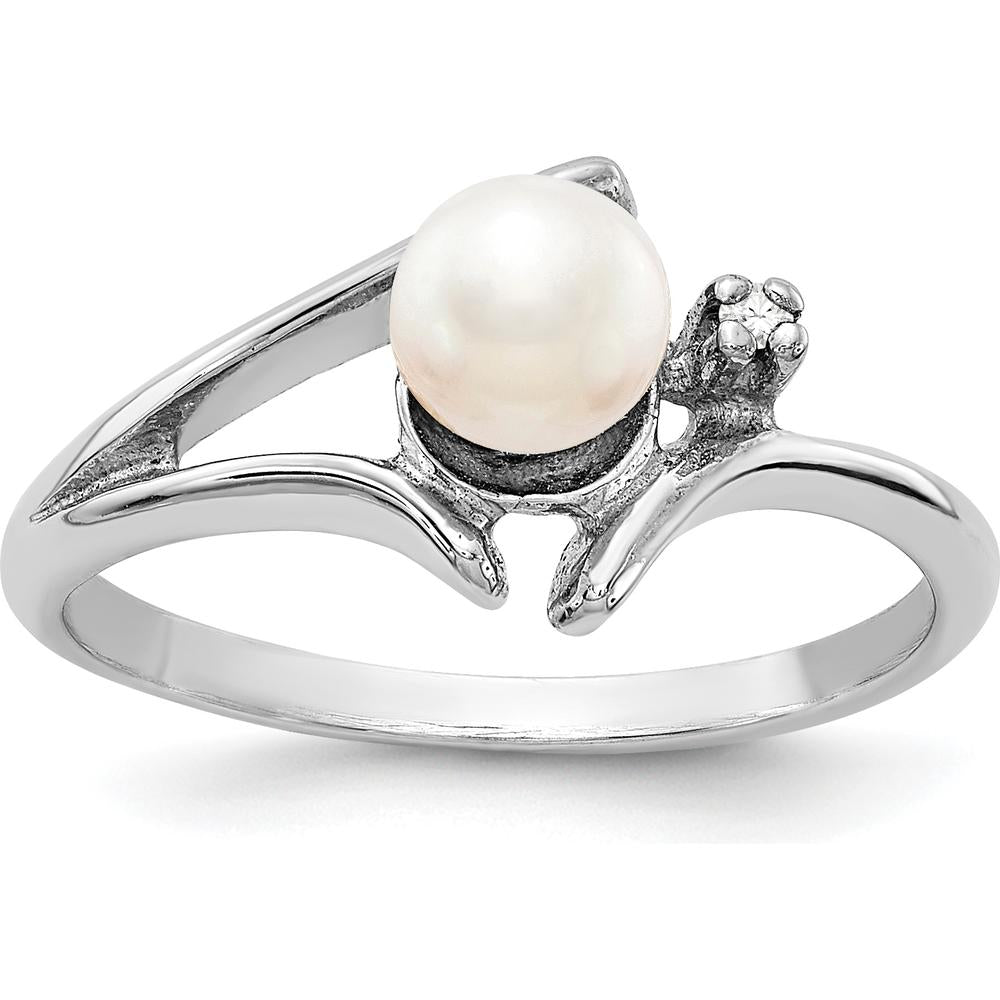 14K White Gold Freshwater Cultured Pearl and Round Diamond Ring with Rhodium Plating - 0.01 Carat Diamond Weight by Monteluci Fine Jewelry