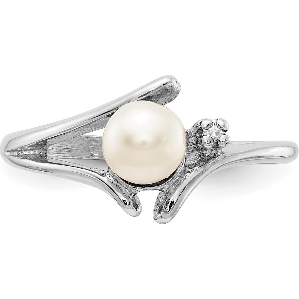 14K White Gold Freshwater Cultured Pearl and Round Diamond Ring with Rhodium Plating - 0.01 Carat Diamond Weight by Monteluci Fine Jewelry