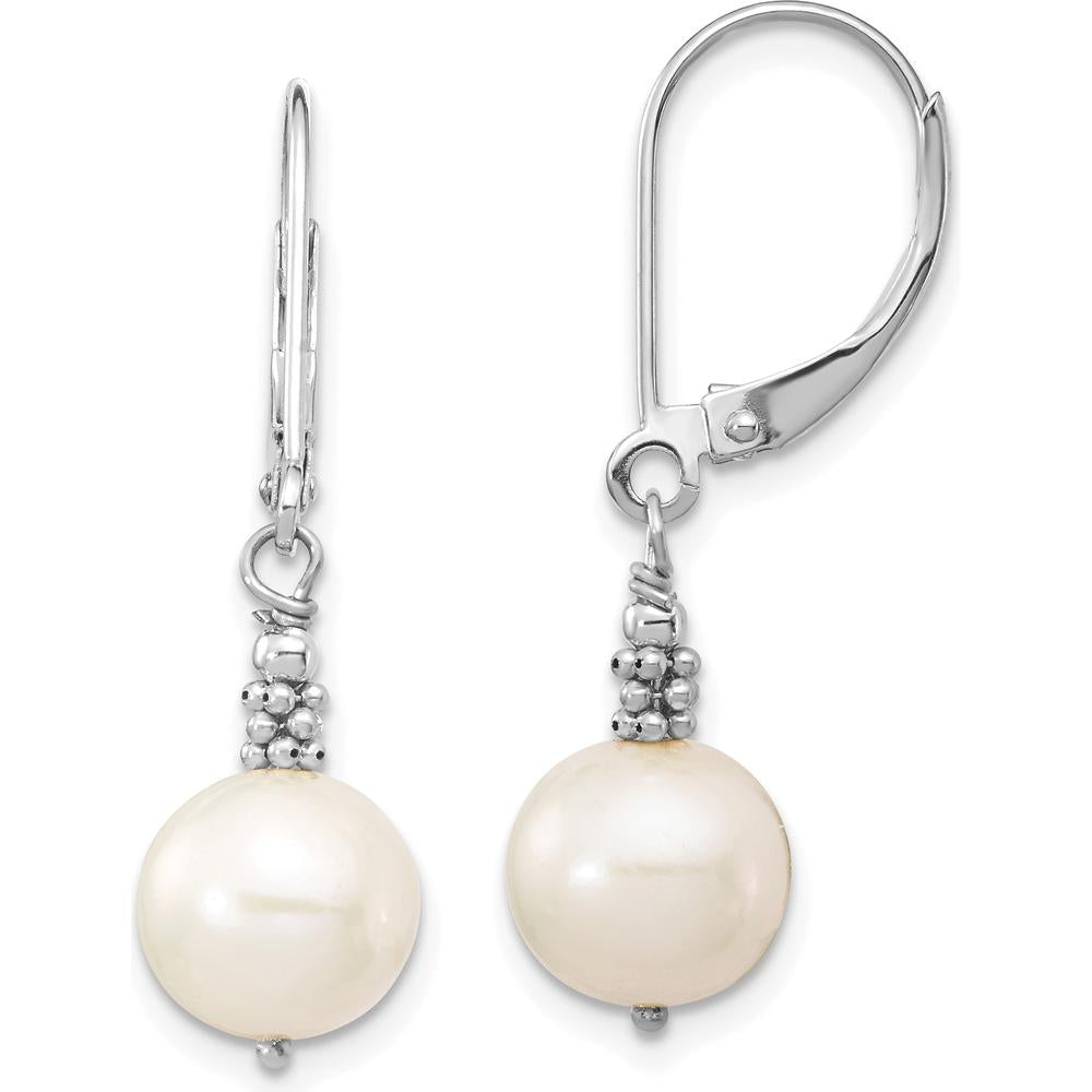 14K White Gold Freshwater Cultured Pearl Dangle Earrings - 8-9mm White Near-Round Pearls by Monteluci Fine Jewelry