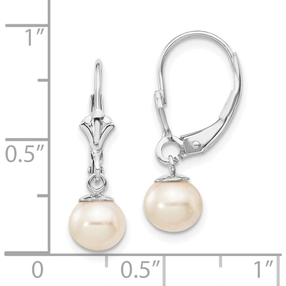 14K White Gold Freshwater Cultured Pearl Dangle Leverback Earrings - 6-7mm Pearls by Monteluci Fine Jewelry