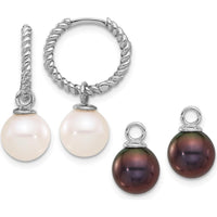 14K White Gold Freshwater Cultured Pearl Removable Dangle Hoop Earrings with Black and White Pearls - 7-8mm Total Gem Weight by Monteluci Fine Jewelry