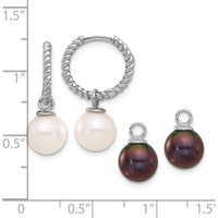 14K White Gold Freshwater Cultured Pearl Removable Dangle Hoop Earrings with Black and White Pearls - 7-8mm Total Gem Weight by Monteluci Fine Jewelry