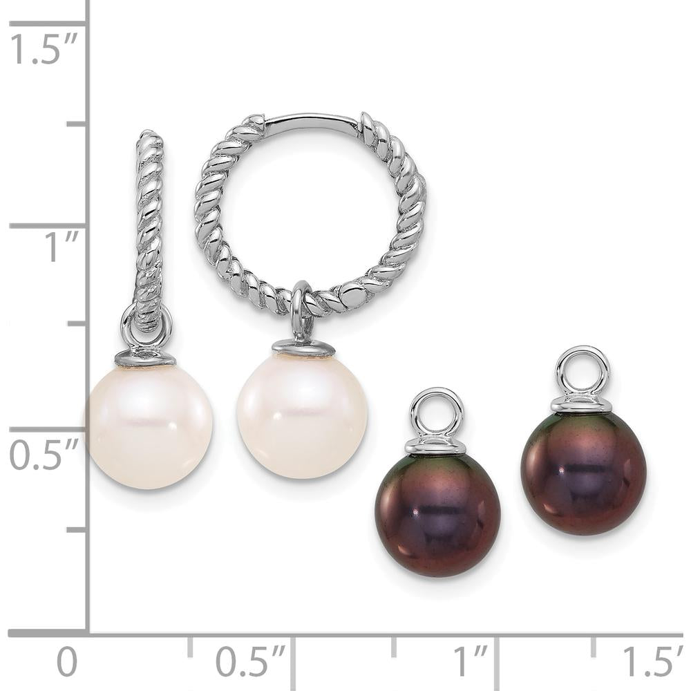 14K White Gold Freshwater Cultured Pearl Removable Dangle Hoop Earrings with Black and White Pearls - 7-8mm Total Gem Weight by Monteluci Fine Jewelry