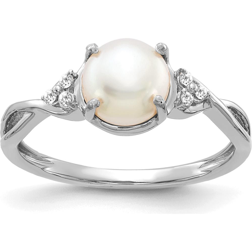14K White Gold Freshwater Pearl and Diamond Ring with Checkerboard Cut Diamond - 0.01 Carat Total Diamond Weight by 0