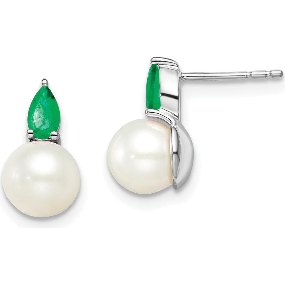 14K White Gold Freshwater Pearl and Pear-Shaped Emerald Post Earrings - 0.3 Carat Total Emerald Weight by Monteluci Fine Jewelry