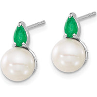 14K White Gold Freshwater Pearl and Pear-Shaped Emerald Post Earrings - 0.3 Carat Total Emerald Weight by Monteluci Fine Jewelry