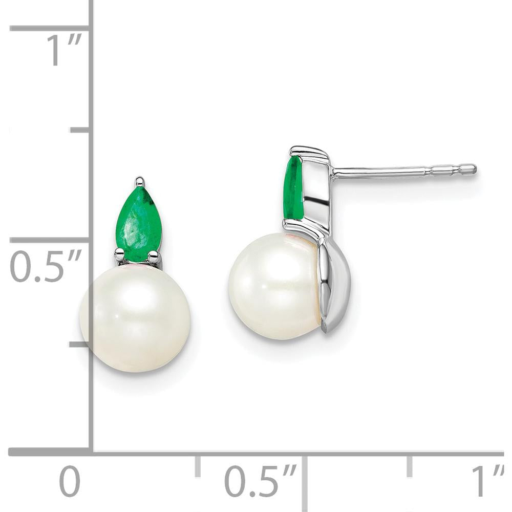 14K White Gold Freshwater Pearl and Pear-Shaped Emerald Post Earrings - 0.3 Carat Total Emerald Weight by Monteluci Fine Jewelry