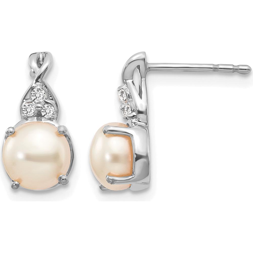 14K White Gold Freshwater Pearl and Round Diamond Drop Earrings - 0.01 Carats Total Diamond Weight by Oro Pregiato