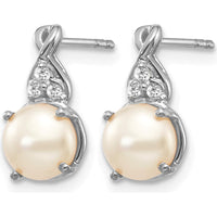 14K White Gold Freshwater Pearl and Round Diamond Drop Earrings - 0.01 Carats Total Diamond Weight by Oro Pregiato