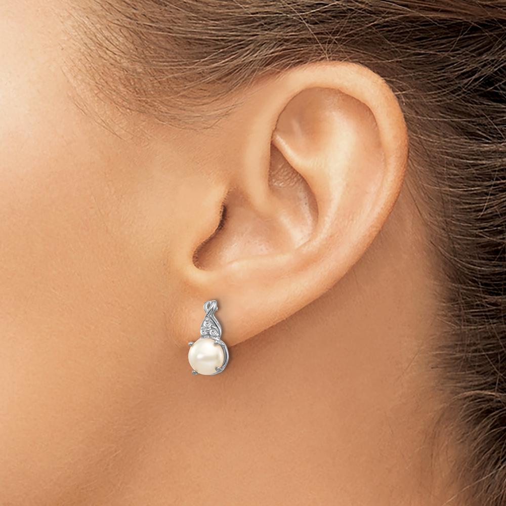 14K White Gold Freshwater Pearl and Round Diamond Drop Earrings - 0.01 Carats Total Diamond Weight by Oro Pregiato