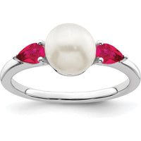14K White Gold Freshwater Pearl and Ruby 3-Stone Ring with Rhodium Plating - 0.3 Carat Total Ruby Weight by 0