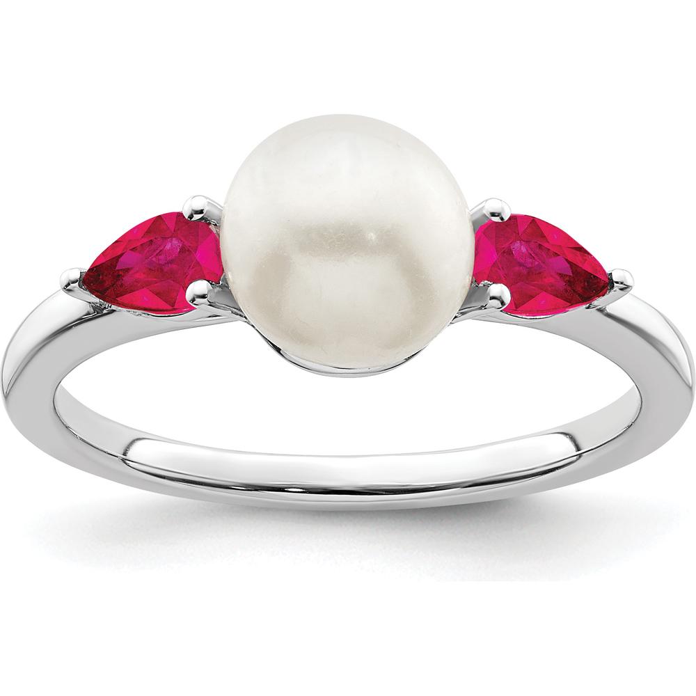 14K White Gold Freshwater Pearl and Ruby 3-Stone Ring with Rhodium Plating - 0.3 Carat Total Ruby Weight by 0