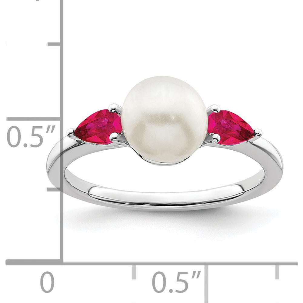 14K White Gold Freshwater Pearl and Ruby 3-Stone Ring with Rhodium Plating - 0.3 Carat Total Ruby Weight by 0
