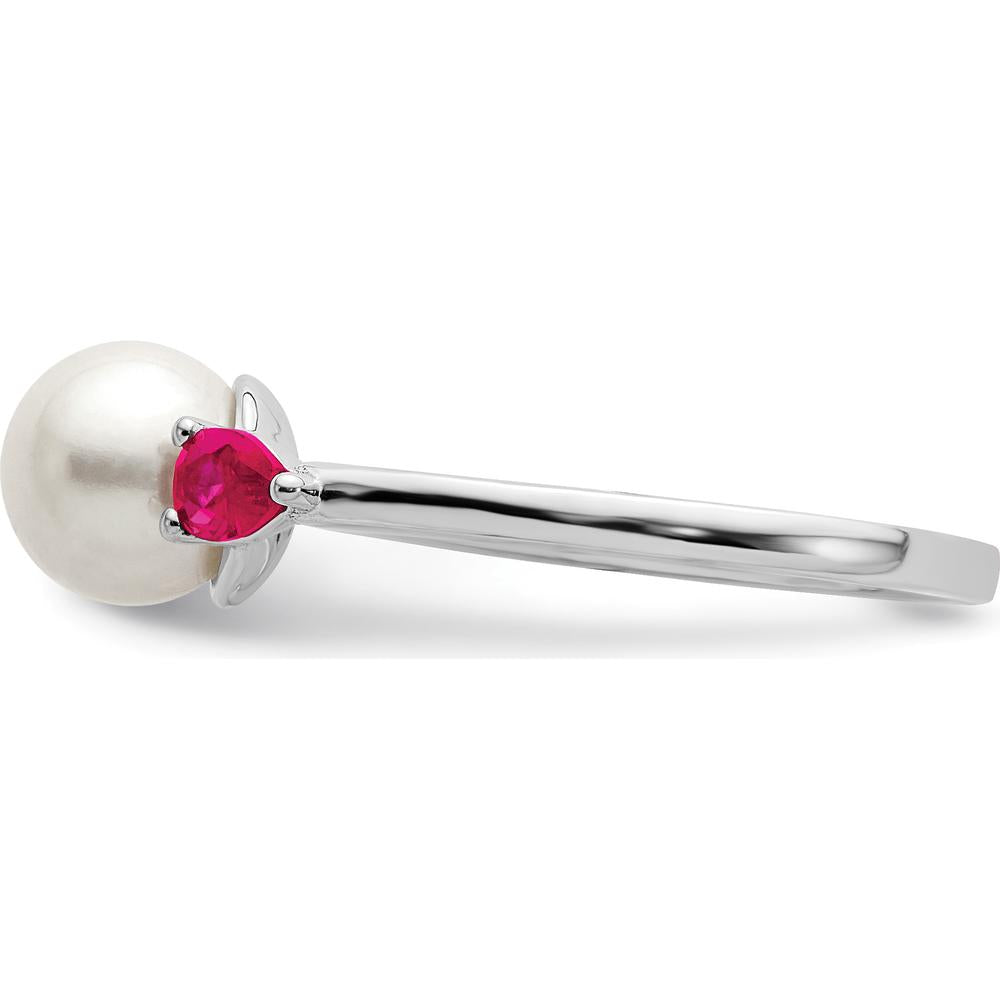 14K White Gold Freshwater Pearl and Ruby 3-Stone Ring with Rhodium Plating - 0.3 Carat Total Ruby Weight by 0