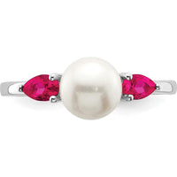 14K White Gold Freshwater Pearl and Ruby 3-Stone Ring with Rhodium Plating - 0.3 Carat Total Ruby Weight by 0