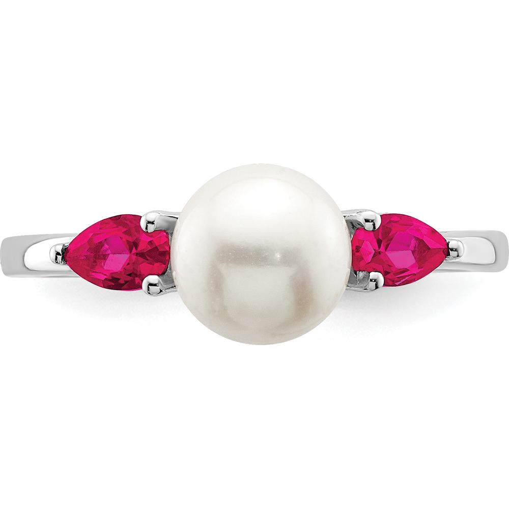14K White Gold Freshwater Pearl and Ruby 3-Stone Ring with Rhodium Plating - 0.3 Carat Total Ruby Weight by 0