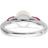 14K White Gold Freshwater Pearl and Ruby 3-Stone Ring with Rhodium Plating - 0.3 Carat Total Ruby Weight by 0