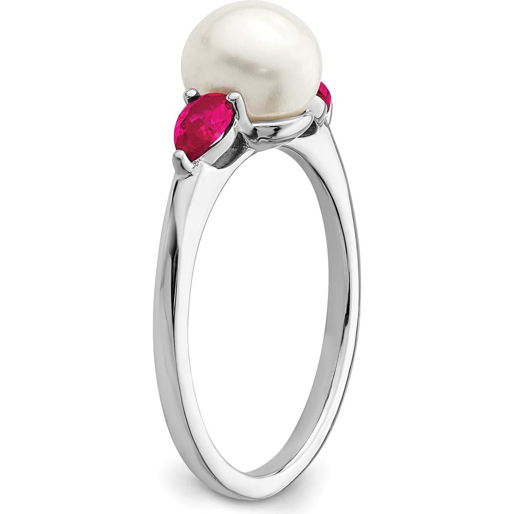14K White Gold Freshwater Pearl and Ruby 3-Stone Ring with Rhodium Plating - 0.3 Carat Total Ruby Weight by 0