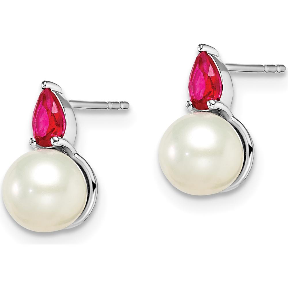 14K White Gold Freshwater Pearl and Ruby Post Earrings - 0.3 Carat Total Ruby Weight by Monteluci Fine Jewelry