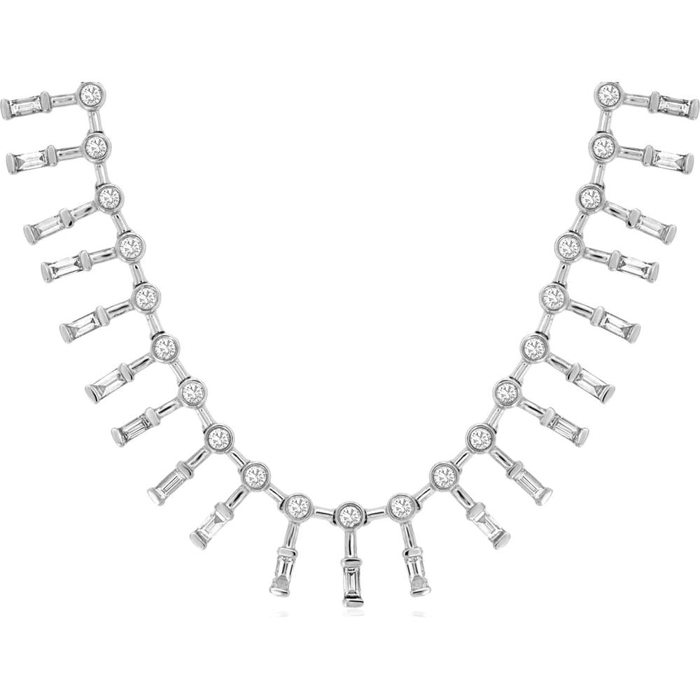 14K White Gold Fringe Station Necklace with Round and Baguette Diamonds - 2.83 Carat Total Diamond Weight - Royal Jewelry
