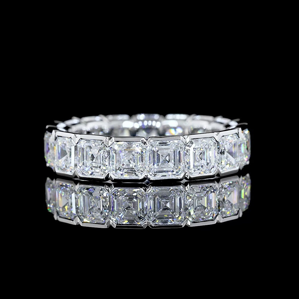 14K White Gold Full Eternity Band with Half Bezel Set Asscher Cut Lab Diamonds - 4.96 Carat Total Weight, E-F Color VS Clarity, 17 Stones - Covaloro Fine Jewelry