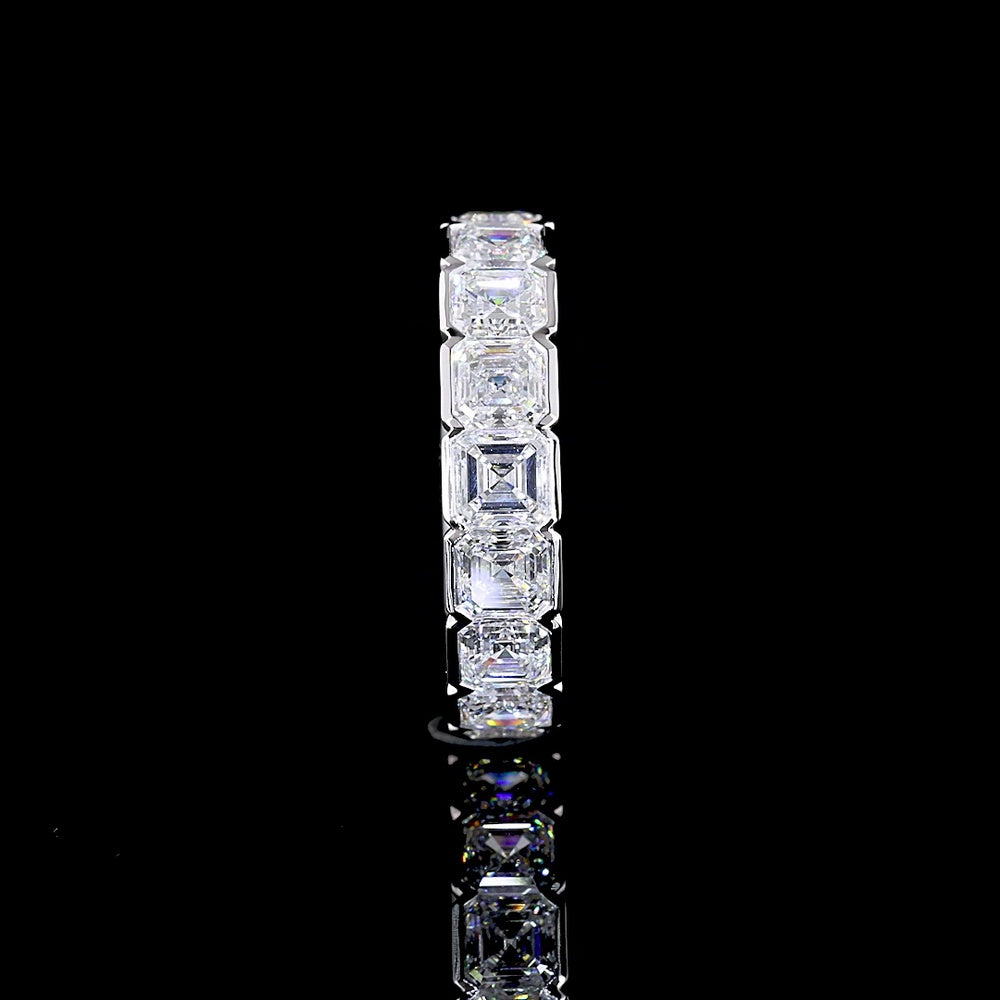 14K White Gold Full Eternity Band with Half Bezel Set Asscher Cut Lab Diamonds - 4.96 Carat Total Weight, E-F Color VS Clarity, 17 Stones - Covaloro Fine Jewelry