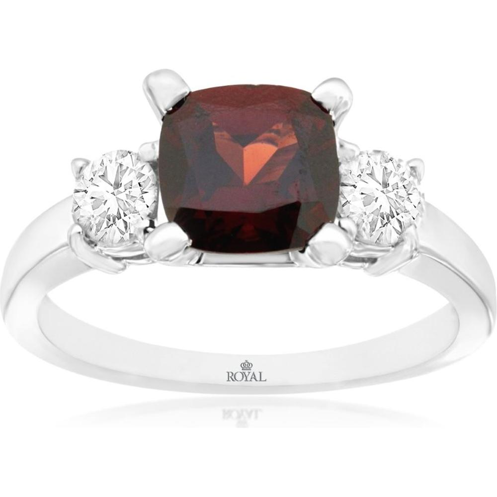 14K White Gold Garnet & Diamond 3-Stone Ring - 1.65 Carats Garnet, 1.00 Carats Diamond Total Weight