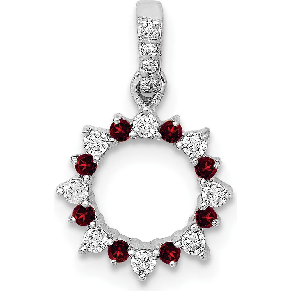 14K White Gold Garnet and Diamond Fancy Circle Pendant - 0.09 Carat Total Diamond Weight, 0.08 Carat Total Garnet Weight by Monteluci Fine Jewelry