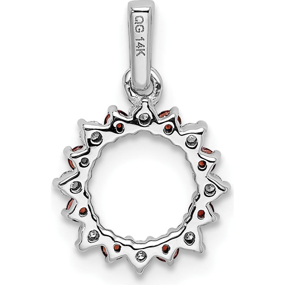 14K White Gold Garnet and Diamond Fancy Circle Pendant - 0.09 Carat Total Diamond Weight, 0.08 Carat Total Garnet Weight by Monteluci Fine Jewelry