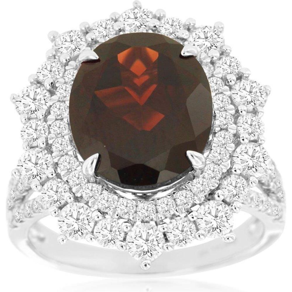 14K White Gold Garnet & Diamond Halo Ring - 5.5 Carats Garnet & 2 Carats Total Diamond Weight