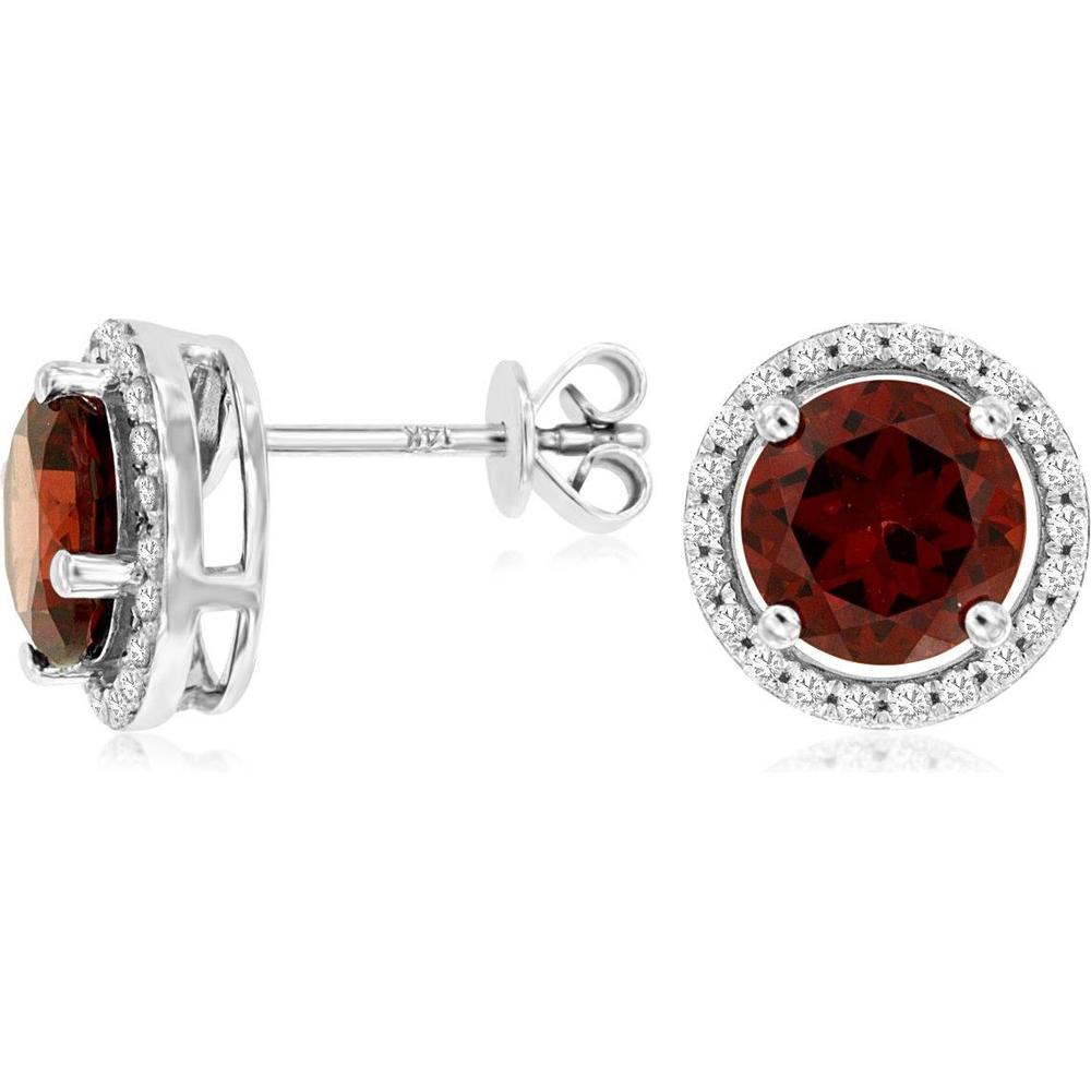 14K White Gold Garnet and Diamond Halo Stud Earrings - 3.23 Total Carat Weight (3.00 Carat Garnet, 0.23 Carat Diamond) - Royal Jewelry