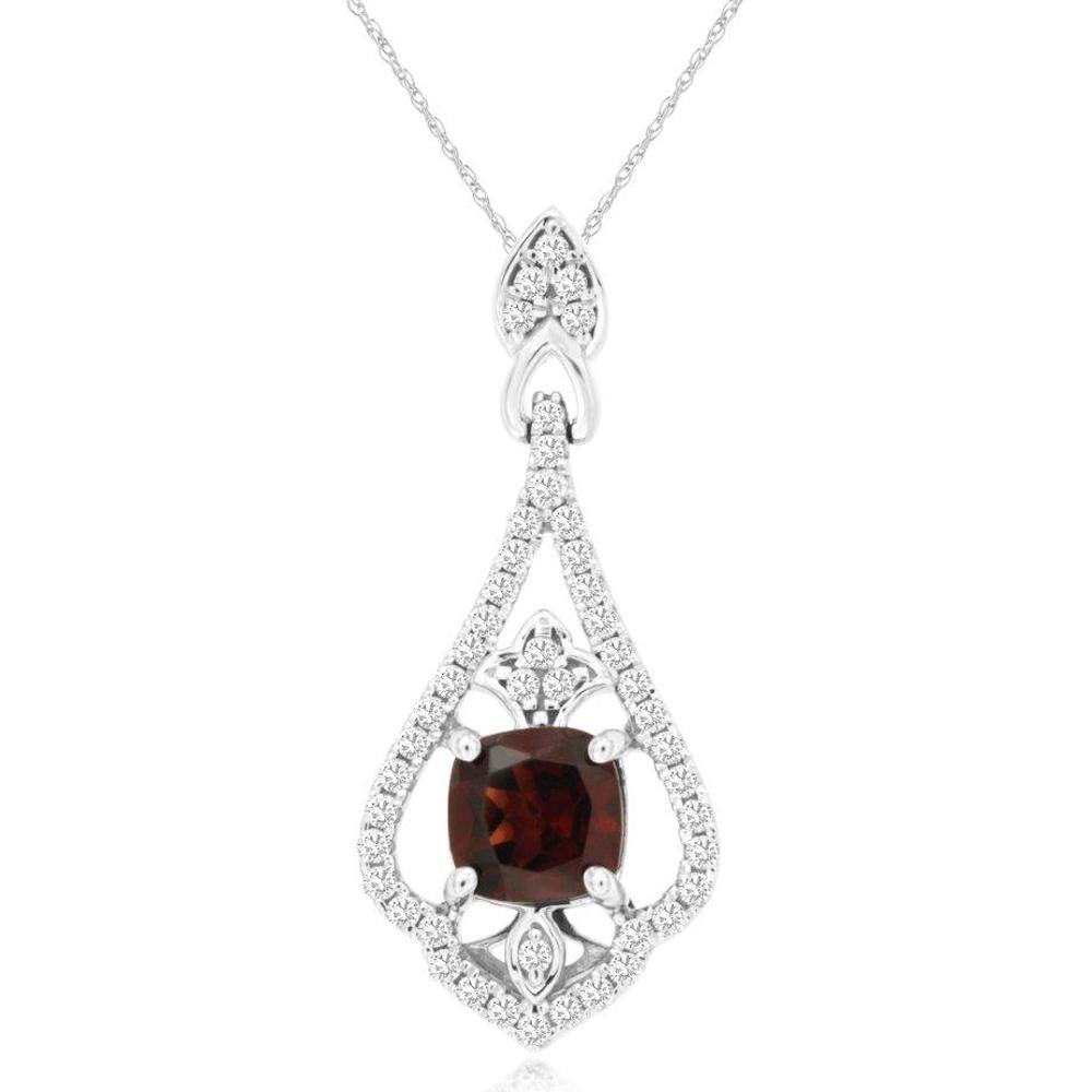 14K White Gold Garnet & Diamond Teardrop Pendant - 1.20 Carats Garnet, 0.29 Carats Diamond Total Weight