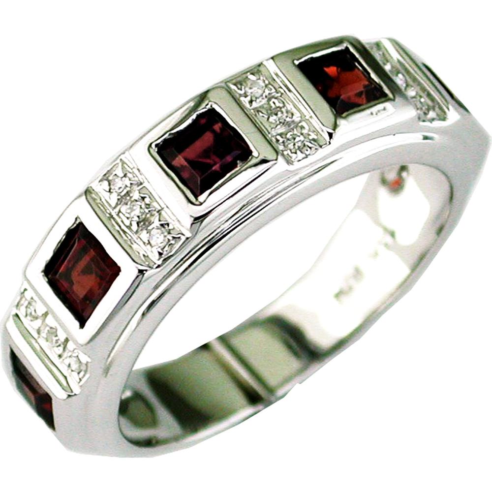 14K White Gold Garnet & Round Diamond Band with Princess Cut Garnets - 1.10 Carats Total Garnet Weight, 0.05 Carats Total Diamond Weight